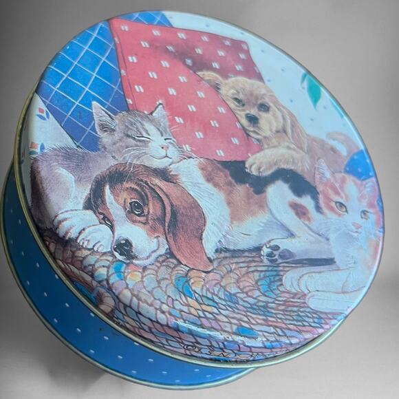 Vintage Puppy & Kitten Coaster Tin Cork 6 Coasters Cottage Animal Dog Cat Polka - Picture 1 of 9